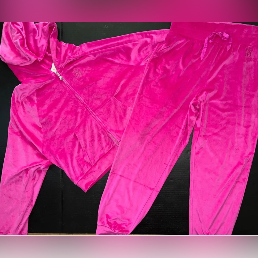 Victoria's Secret SET XL FULL ZIP HOODIE JOGGERS hot pink VELOUR